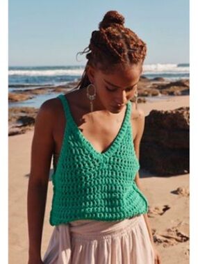 Free People FP Beach Crochet Tank Top Green XS Boho Knit Sleeveless